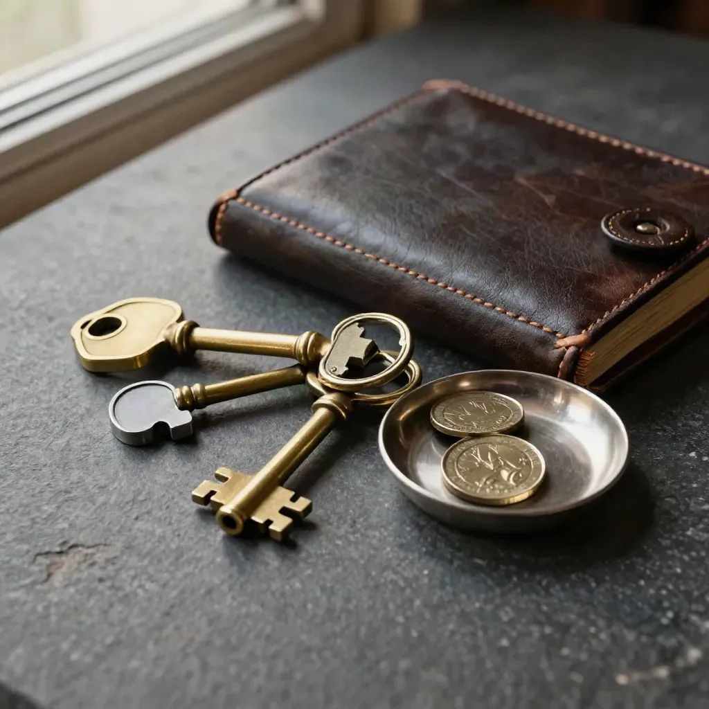 Brass vault keys, leather ledger cover, security token and coin tray on dark stone