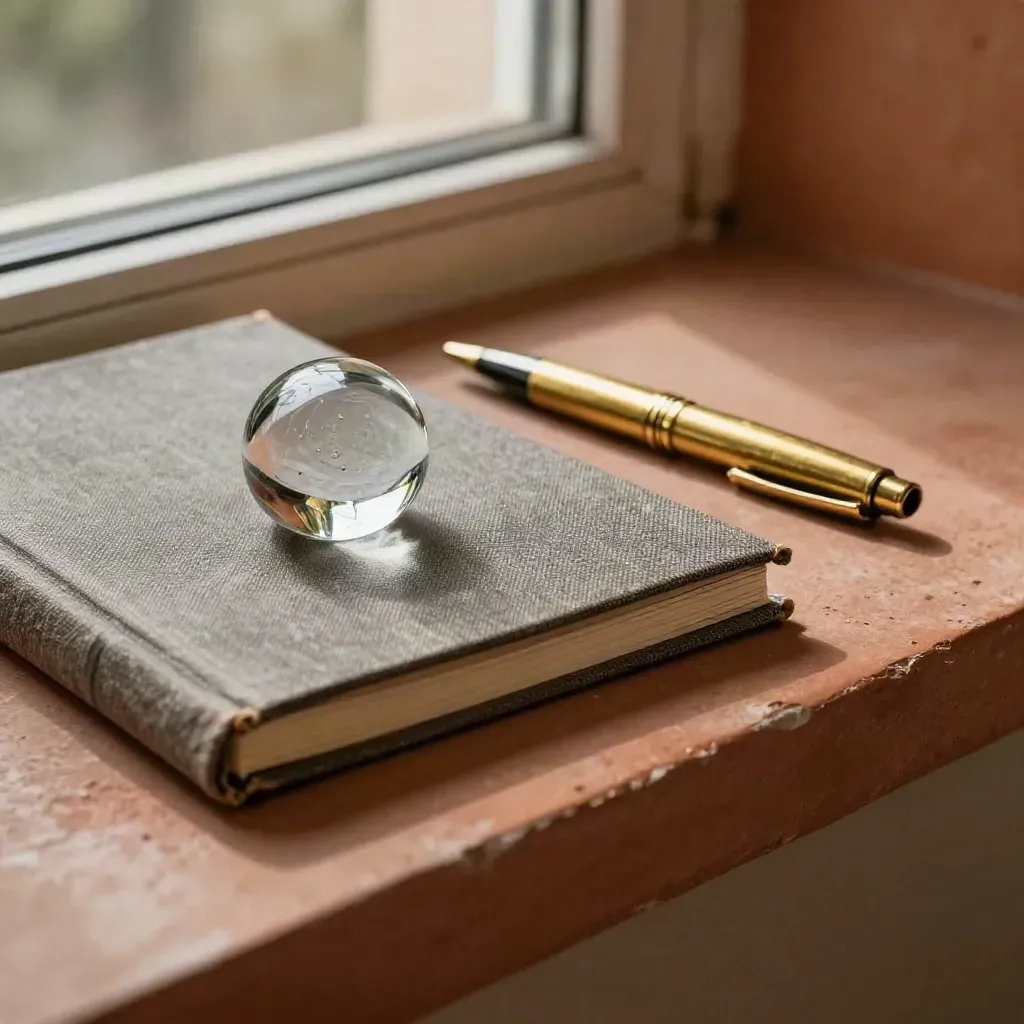 Closed linen briefing folio, glass paperweight, and brass pen on terracotta plaster.