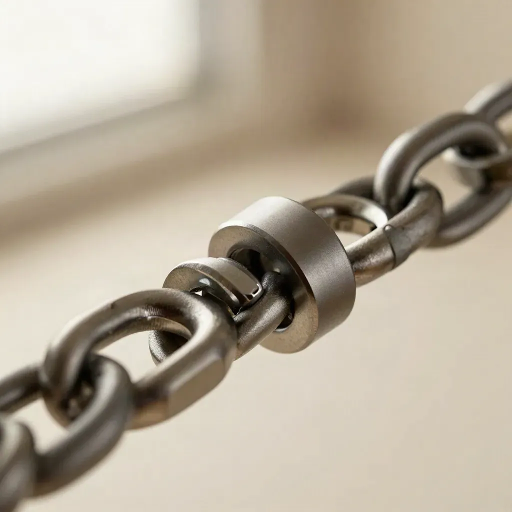 Macro of aluminum rings and a braided connector locking into a precision coupler on brushed steel.