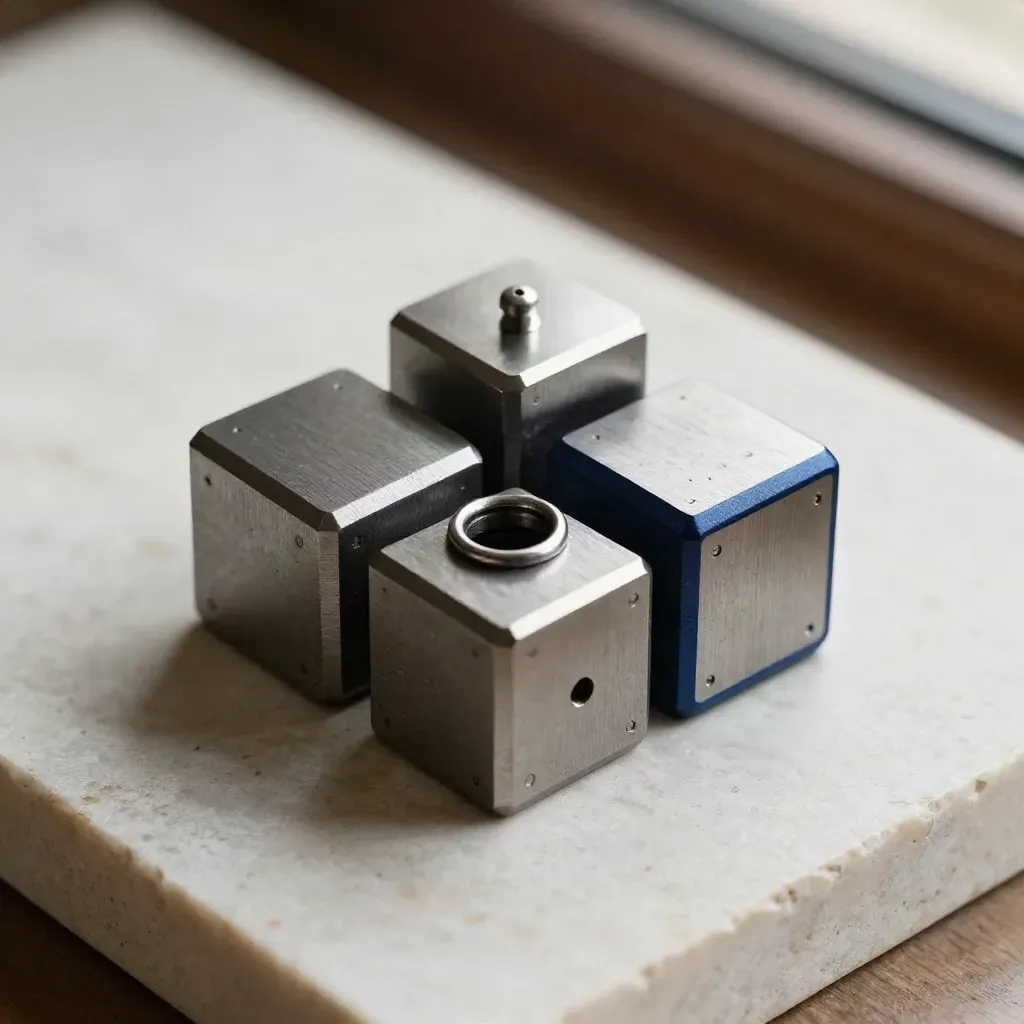 Machined graphite cubes, hex pin, and split ring on pale limestone in dramatic top-down light